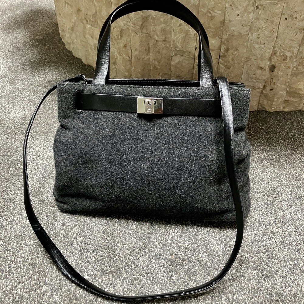 Vintage Etienne Aigner Shoulder Bag Tote Gray Wool Leather Handle Trim Bag